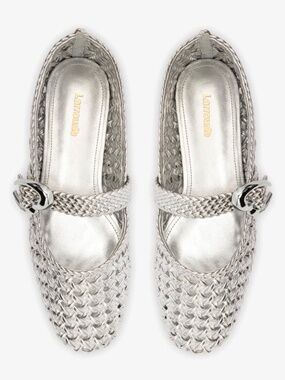 Larroude VERONA Macrame Ballet Flat - Silver Metallic Leather Sz 8.5 NWT